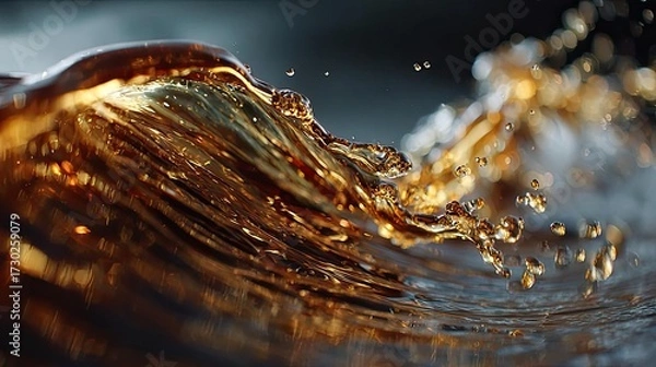 Fototapeta Olive or engine oil splash with wave motion concept. A close-up view of shimmering waves in golden hues.