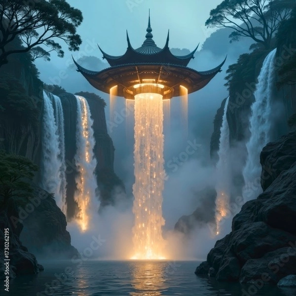 Fototapeta The dreamy night view of the ancient pavilion and waterfall