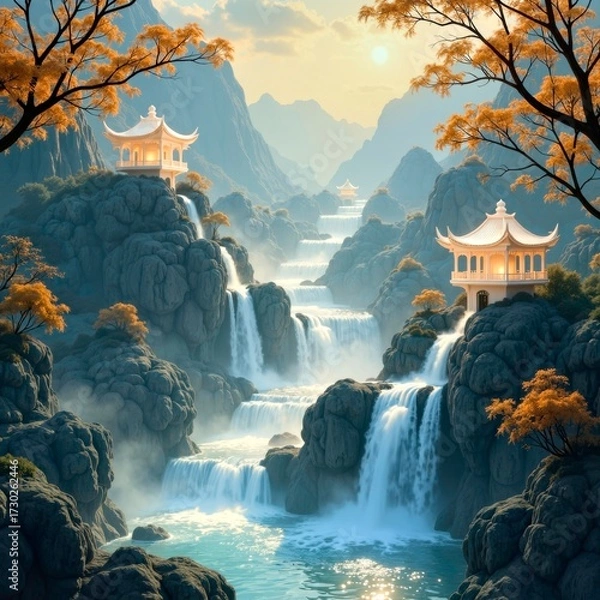 Fototapeta The waterfall and ancient architecture under the golden glow