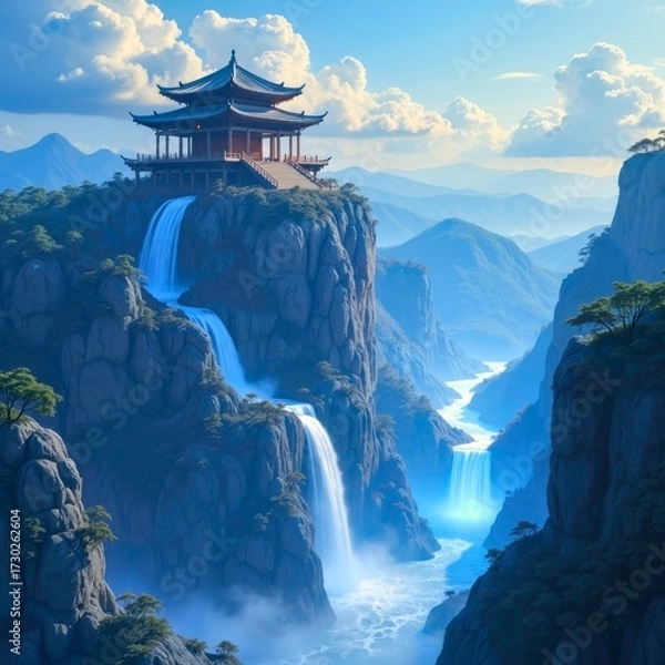Fototapeta Mountain ancient architecture and waterfall landscape