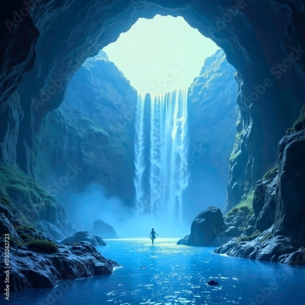 Fototapeta Waterfall landscape in front of the cave