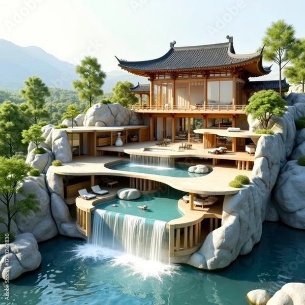 Fototapeta Waterfront ancient architecture and small waterfalls