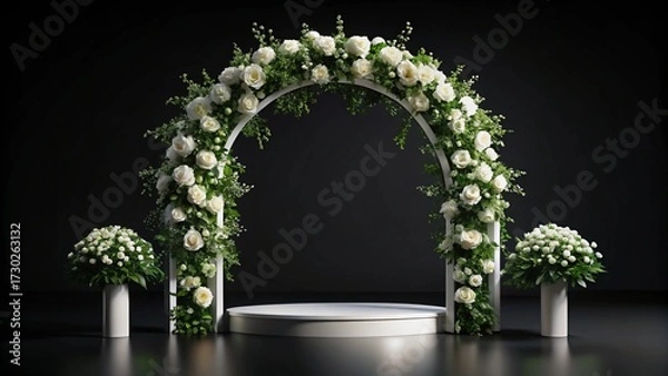Fototapeta White Floral Display Podium with Arch on Black Background
