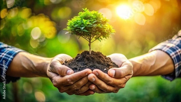 Fototapeta Hands Holding Small Tree with Soil
