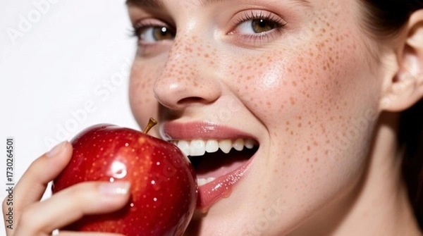 Fototapeta Young freckled woman smiling and about to bite a shiny red apple, close-up beauty portrait with clear skin and natural makeup on a white background