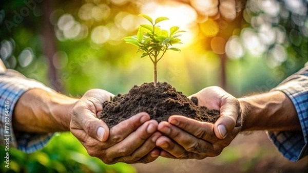 Fototapeta Hands Holding Small Tree with Soil
