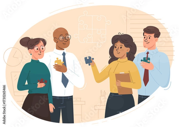 Fototapeta Diverse Business Team Assembling Puzzle Pieces in Minimalist Office Setting with Transparent Background