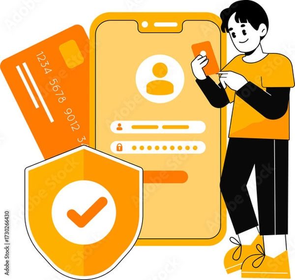Fototapeta Illustration Of Man Holding Smartphone Near Credit Card And Shield Against White Background