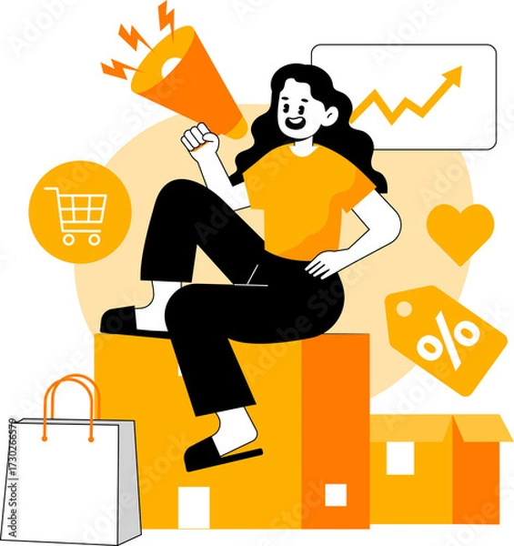 Fototapeta Woman Announcing With Megaphone Sitting On Boxes And Shopping Bag Transparent Background
