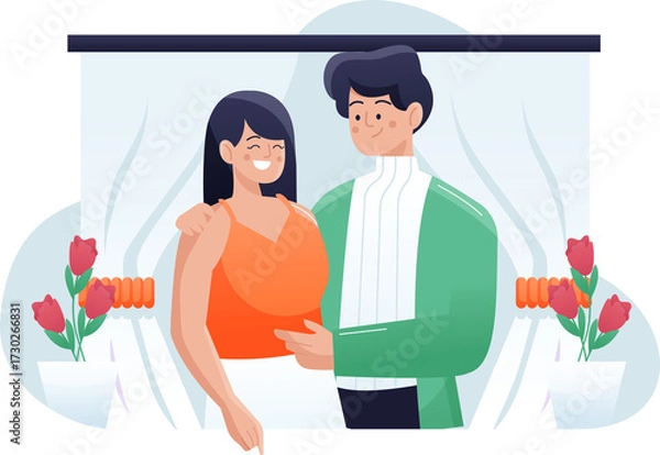 Fototapeta Young Couple Embracing in Front of Curtains with Blooming Flowers Illustrative Vector