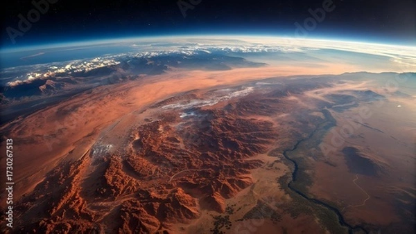 Fototapeta The image is a stunning aerial view of a desert landscape meeting the earth's atmospheric