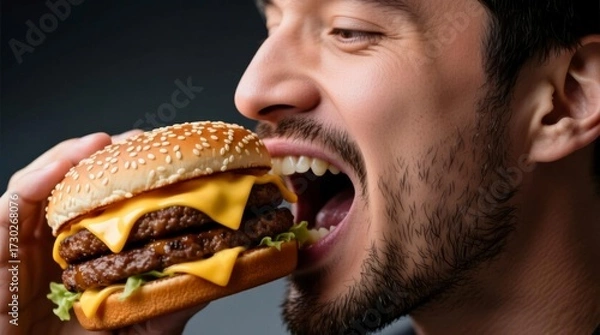 Fototapeta Close-up portrait of a young man about to eat a double cheeseburger with lettuce, beef patties, cheddar cheese, and sesame seed bun