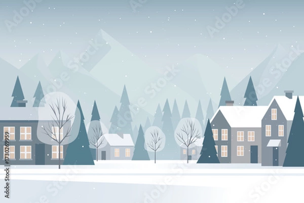 Fototapeta Christmas town, winter village in snowy weather. Winter cityscape with forest and mountains in the background. Winter suburbs. Vector illustration for design and backgrounds.