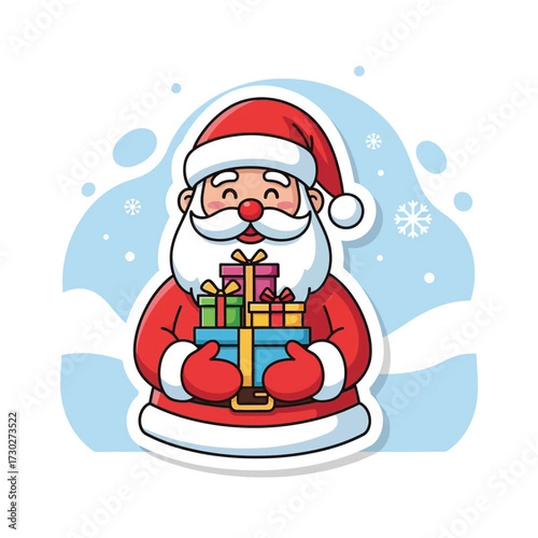 Obraz Cute Santa Claus Vector with Gifts and Snow Background, Sticker Style