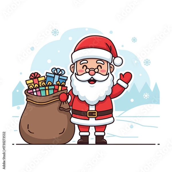 Obraz Cute Santa Claus Vector with Gifts and Snow Background, Sticker Style