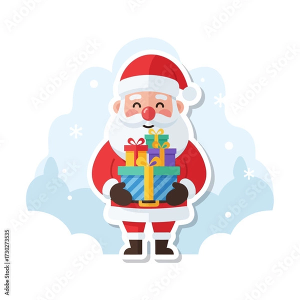 Obraz Cute Santa Claus Vector with Gifts and Snow Background, Sticker Style