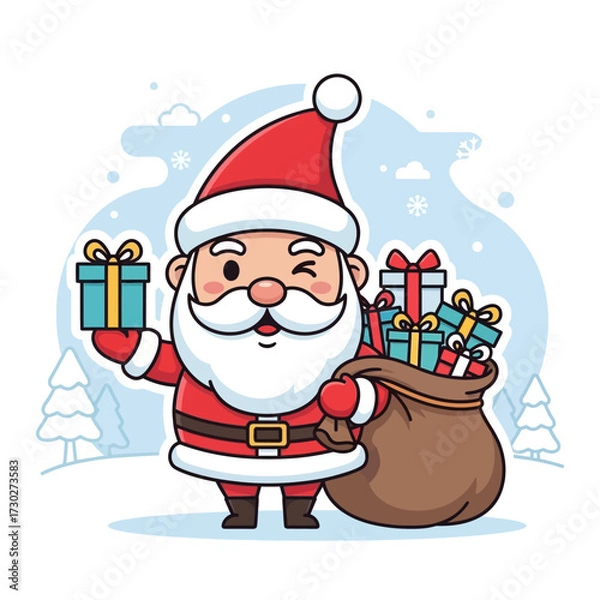 Obraz Cute Santa Claus Vector with Gifts and Snow Background, Sticker Style