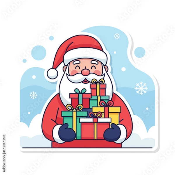 Obraz Cute Santa Claus Vector with Gifts and Snow Background, Sticker Style