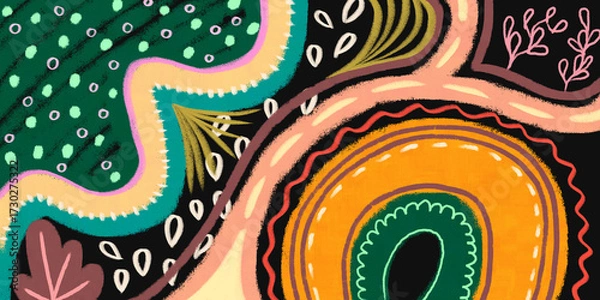 Fototapeta Abstract colorful background with hand drawn shapes. Playful freehand drawing artwork. For exhibition, event, or advertisement poster design.