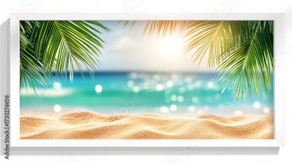 Obraz Tropical Beach Scene Framed Art Palm Leaves Ocean Sandy Shore Framed coastal scenery featuring palm fronds framing turquoise waters and golden sand creating a serene beach escape in a white picture