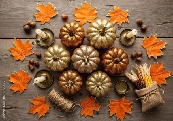 Obraz Festive Autumn Harvest Flat Lay with Glitter Pumpkins, Leaves, Candles, and Indian Corn on Rustic Wood