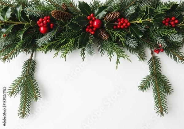 Fototapeta Vibrant Christmas Garland Border with Green Fir, Holly Leaves, Red Berries, and Pine Cones on White Background offering Ample Copy Space for Holiday Designs