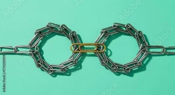 Fototapeta Breaking the Chain: Golden Paperclip Connecting Silver Links