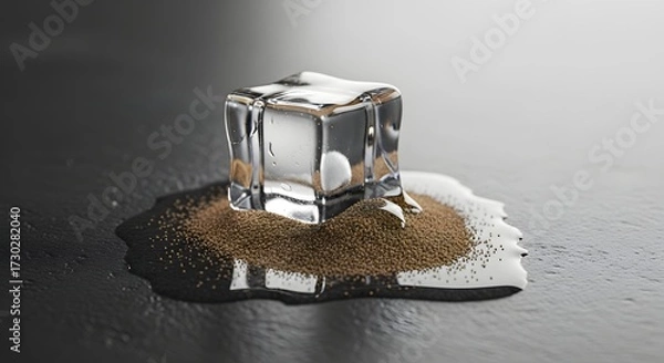Fototapeta Melting Ice Cube on Coffee Grounds, Refreshing Contrast