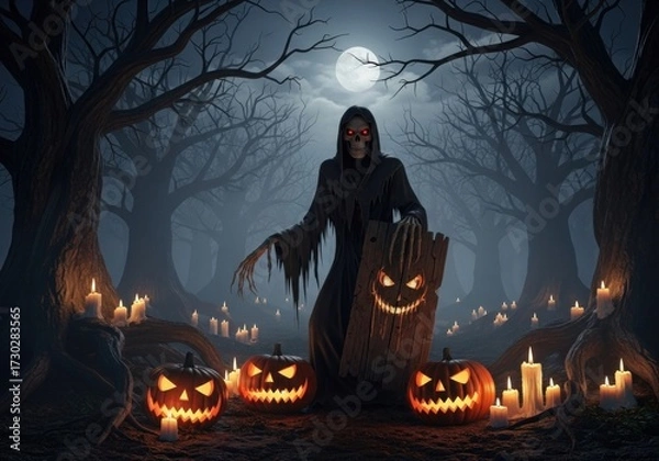 Fototapeta Eerie Halloween Night: Grim Reaper, Glowing Jack-o'-Lanterns, and Haunted Forest under a Full Moon