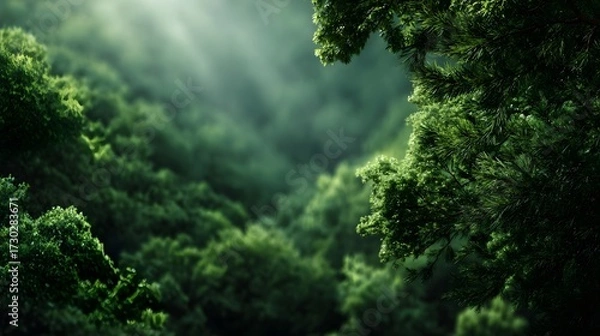 Fototapeta Sunlight filtering through a dense misty green forest canopy illuminating the lush foliage and creating a serene natural landscape
