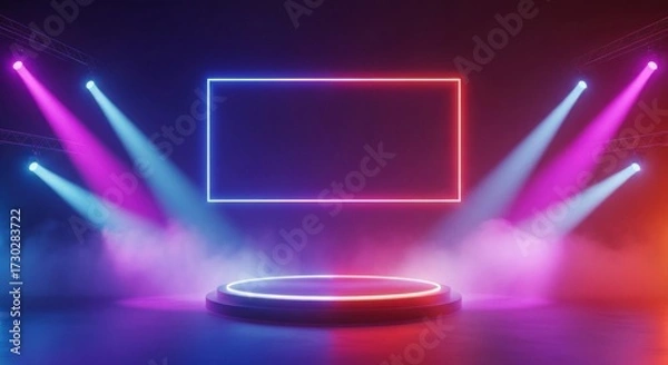 Fototapeta Futuristic Neon Stage with Glowing Podium, Vibrant Spotlights, and Dynamic Fog Effects for Events and Presentations