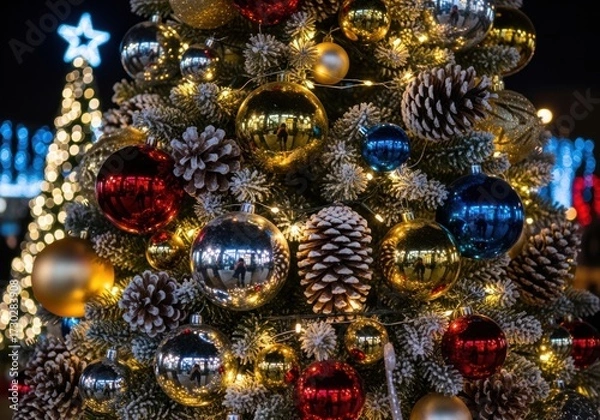 Obraz Close-up of a Beautifully Decorated Christmas Tree Adorned with Reflective Baubles, Frosted Pine Cones, and Warm Holiday Lights
