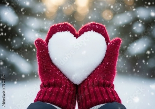 Obraz Close-up of hands in red mittens holding a heart-shaped snow in a snowy winter scene with falling snowflakes and blurred golden lights.