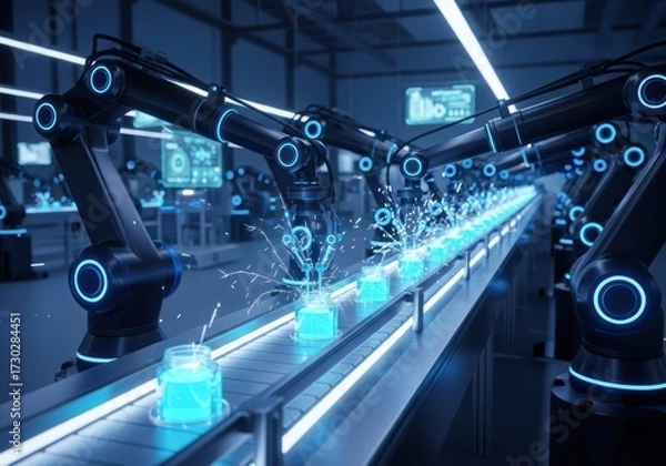 Fototapeta Futuristic Automated Factory with Robotic Arms on Conveyor Belt Processing Glowing Blue Liquid in Jars, High-Tech Manufacturing and AI Production