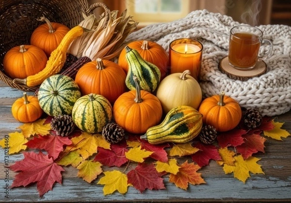 Fototapeta Vibrant Autumn Still Life with Pumpkins, Gourds, Fall Leaves, Steaming Beverage, and a Cozy Knit Blanket on a Rustic Wooden Table, Capturing the Warmth of the Harvest Season