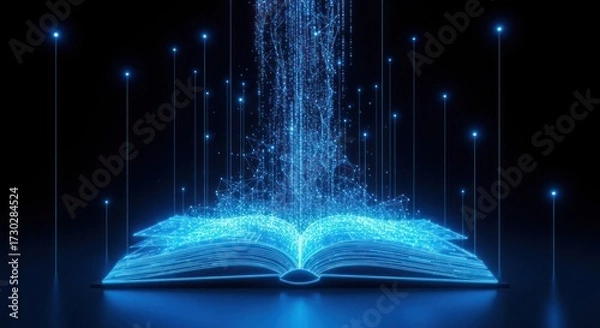 Fototapeta Futuristic open book generating a luminous stream of abstract digital data and interconnected particles, symbolizing knowledge, technology, and artificial intelligence.