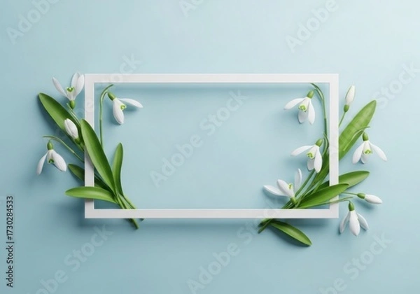Fototapeta Elegant Spring Frame with White Snowdrop Flowers and Green Leaves on a Soft Blue Background, Perfect for Greetings and Announcements