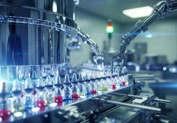 Fototapeta Automated Robotic Handling Pharmaceutical Vials on a Conveyor Belt in a High-Tech Manufacturing Facility