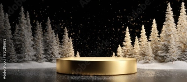 Fototapeta Elegant Golden Pedestal Surrounded by Snowy Trees and Sparkle