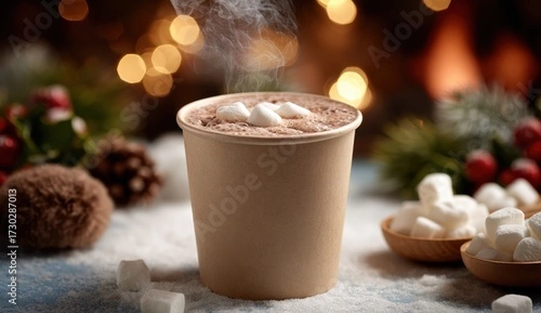 Fototapeta Cozy Hot Chocolate with Marshmallows in a Rustic Paper Cup