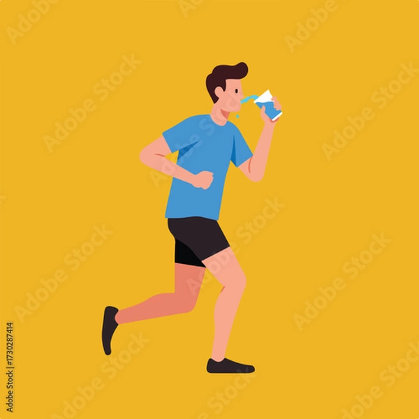 Fototapeta Man running and drinking water on gold backdrop in flat art style