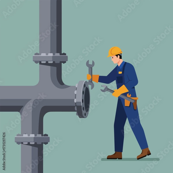 Fototapeta Mechanic fixing pipes with wrenches, wearing hard hat and gloves