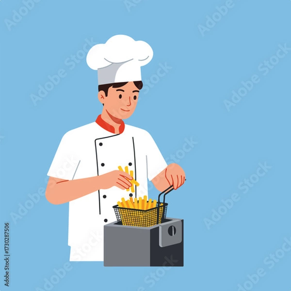 Fototapeta Chef frying potatoes in a deep fryer on light blue backdrop