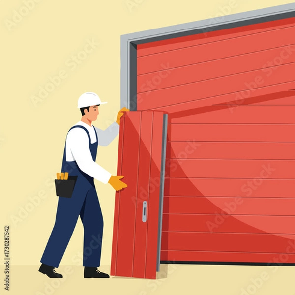 Fototapeta Worker installing a red garage door, wearing blue overalls and a hardhat
