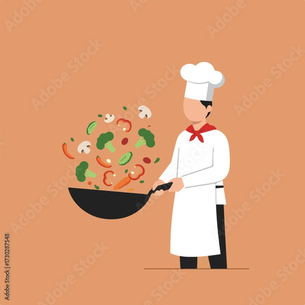 Fototapeta Chef tosses veggies in wok