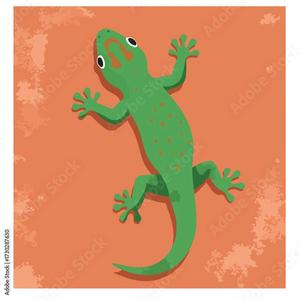 Fototapeta Green gecko with orange spots clings to a textured orange surface