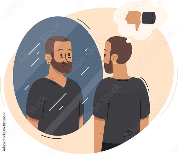 Fototapeta Man Looking At Himself In Mirror With Negative Thought Bubble And Transparent Background