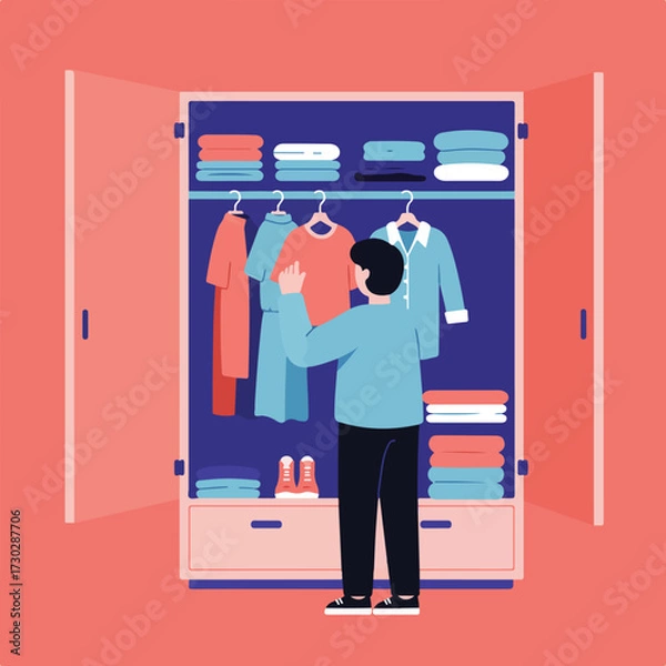 Fototapeta Man stands before open wardrobe, facing hanging clothes