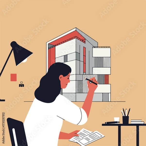 Fototapeta Architect designs a building in minimalist illustration style, office environment
