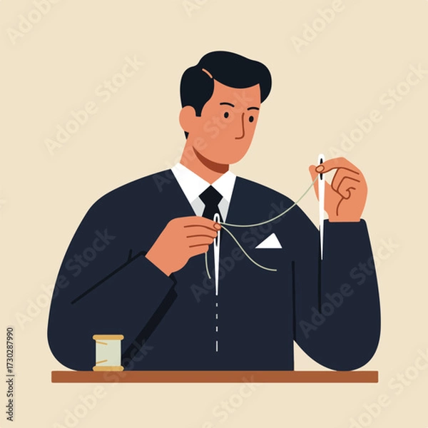 Fototapeta Man in a suit threads a needle, spool of thread on table